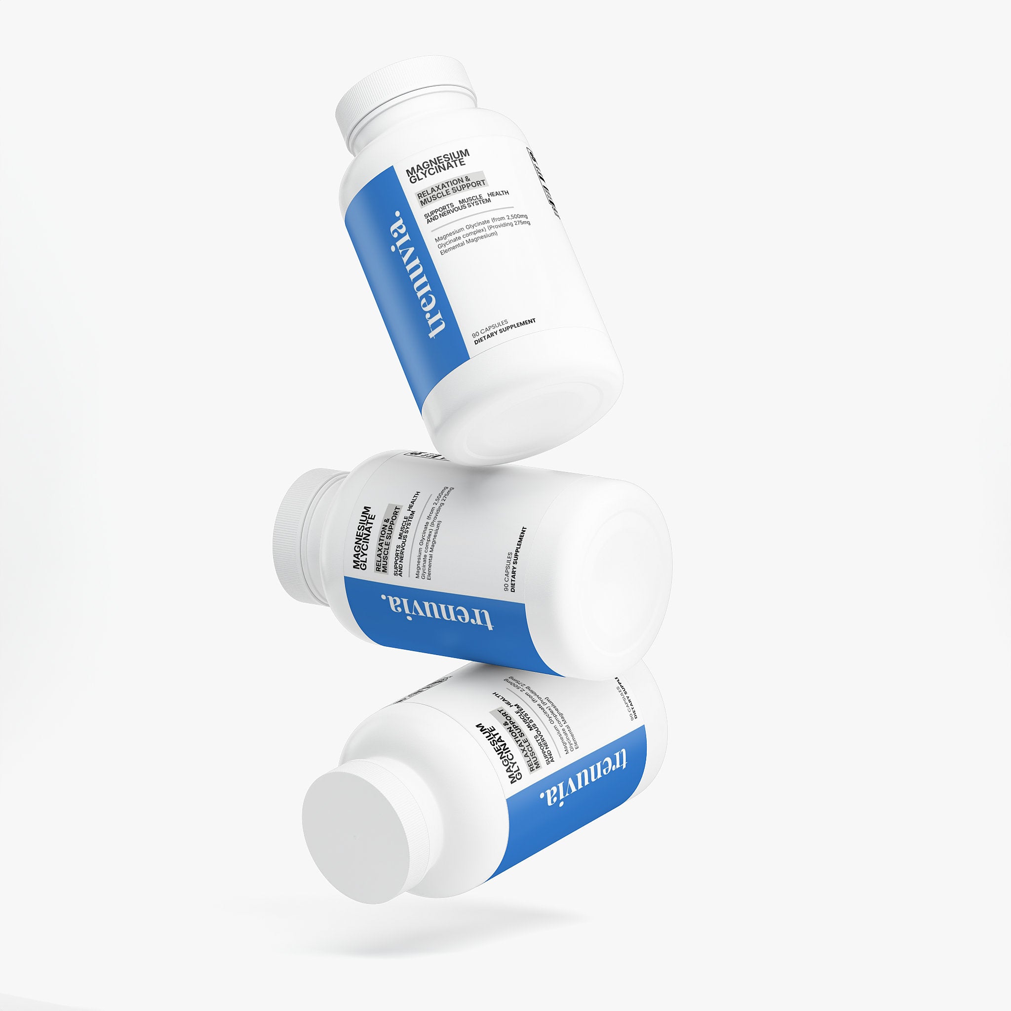 Three white supplement bottles with blue and white labels floating in a dynamic arrangement against a clean white background.