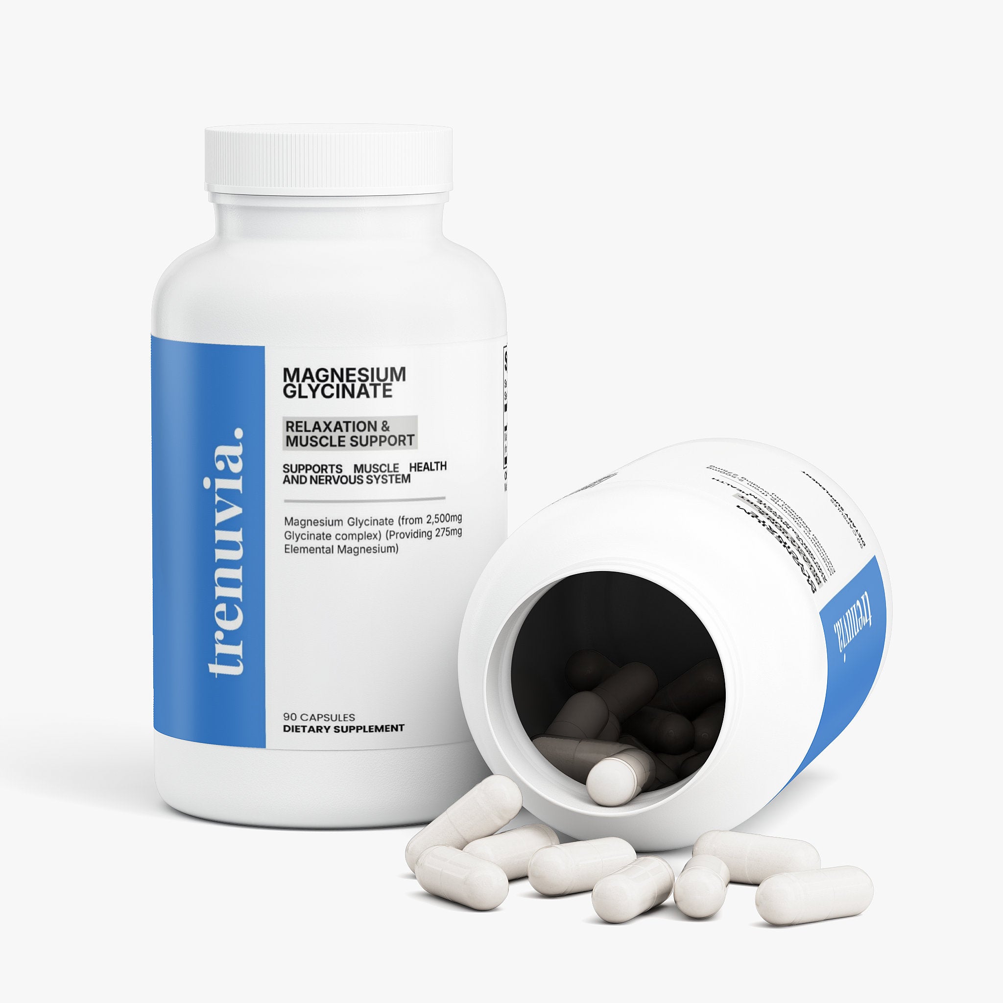 A white bottle of trenuvia Magnesium Glycinate dietary supplement with a blue label, shown alongside spilled white capsules on a clean white background.