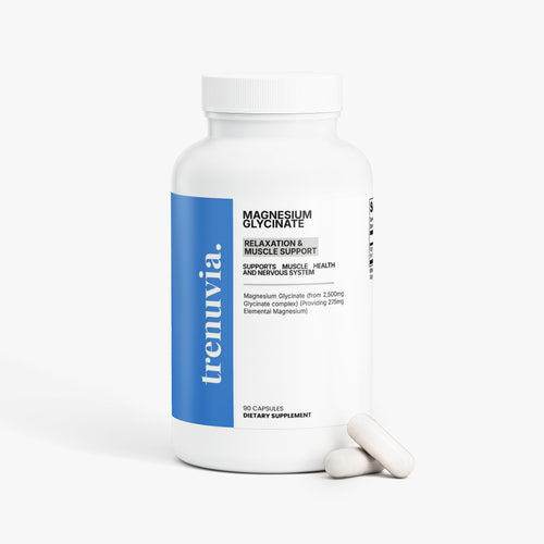 A white bottle of Trenuvia Magnesium Glycinate dietary supplement with a blue vertical label, shown on a clean white background with two capsules in front.