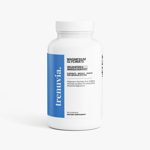 A white plastic bottle of Trenuvia Magnesium Glycinate dietary supplement with a blue vertical label, shown on a light gray background.