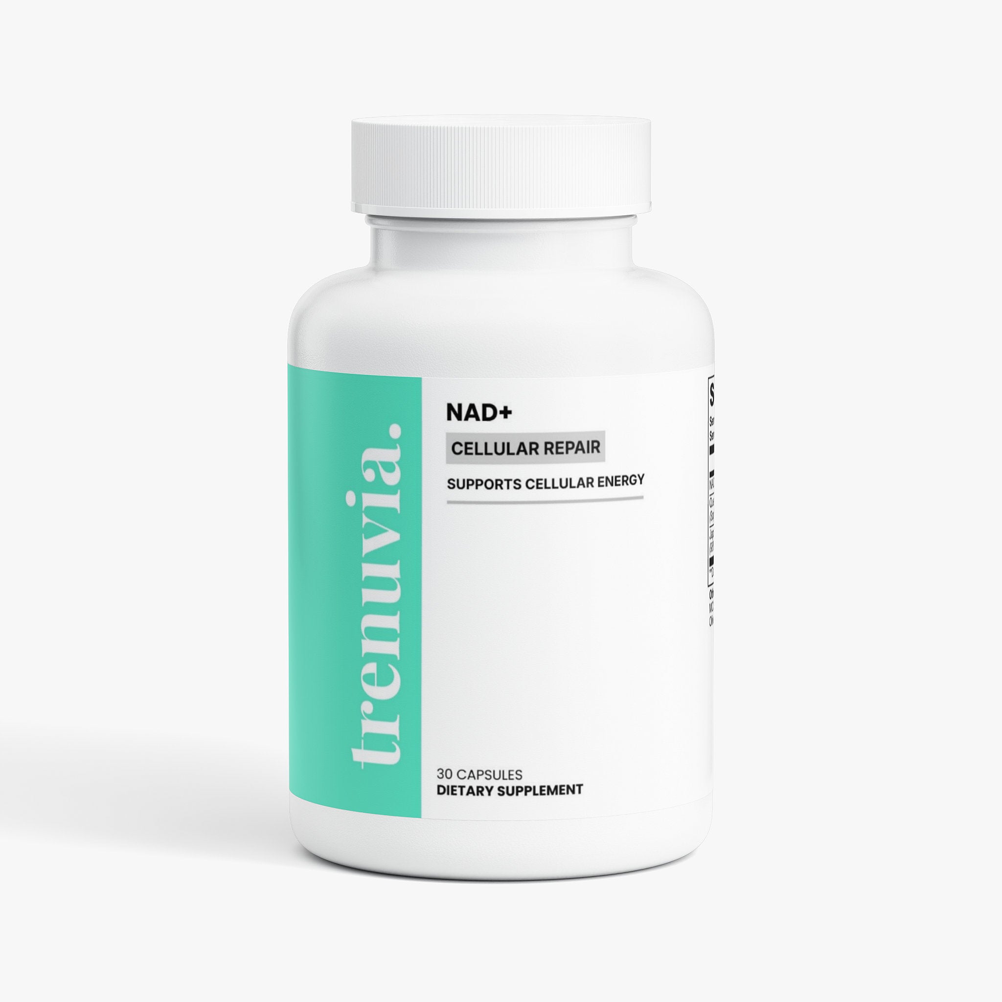 A white bottle of trenuvia NAD+ Cellular Repair dietary supplement with a mint green vertical label, shown on a light gray background.
