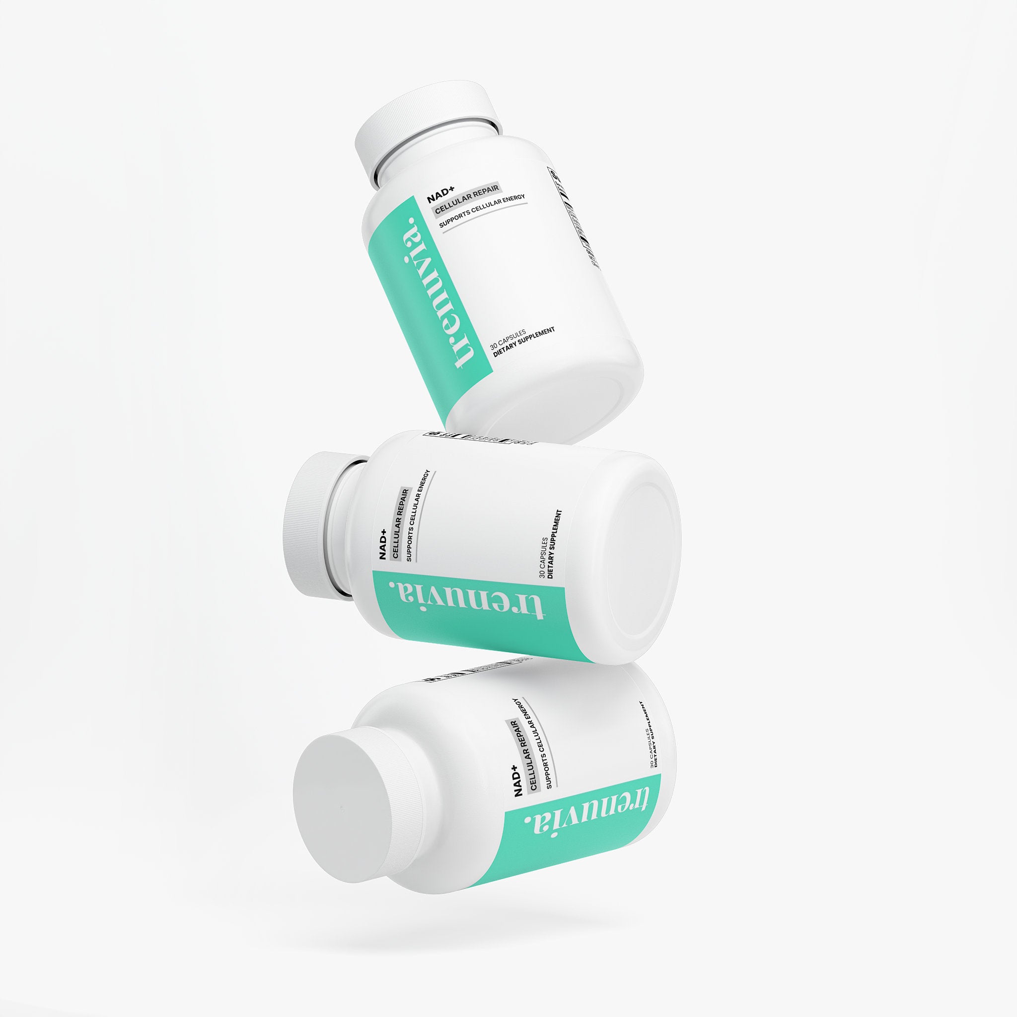 Three white supplement bottles with mint green labels floating vertically against a clean white background.