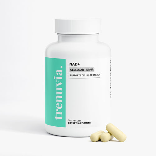 A white bottle of trenuvia NAD+ Cellular Repair dietary supplement with a mint green vertical label, shown on a clean white background with three capsules in front.