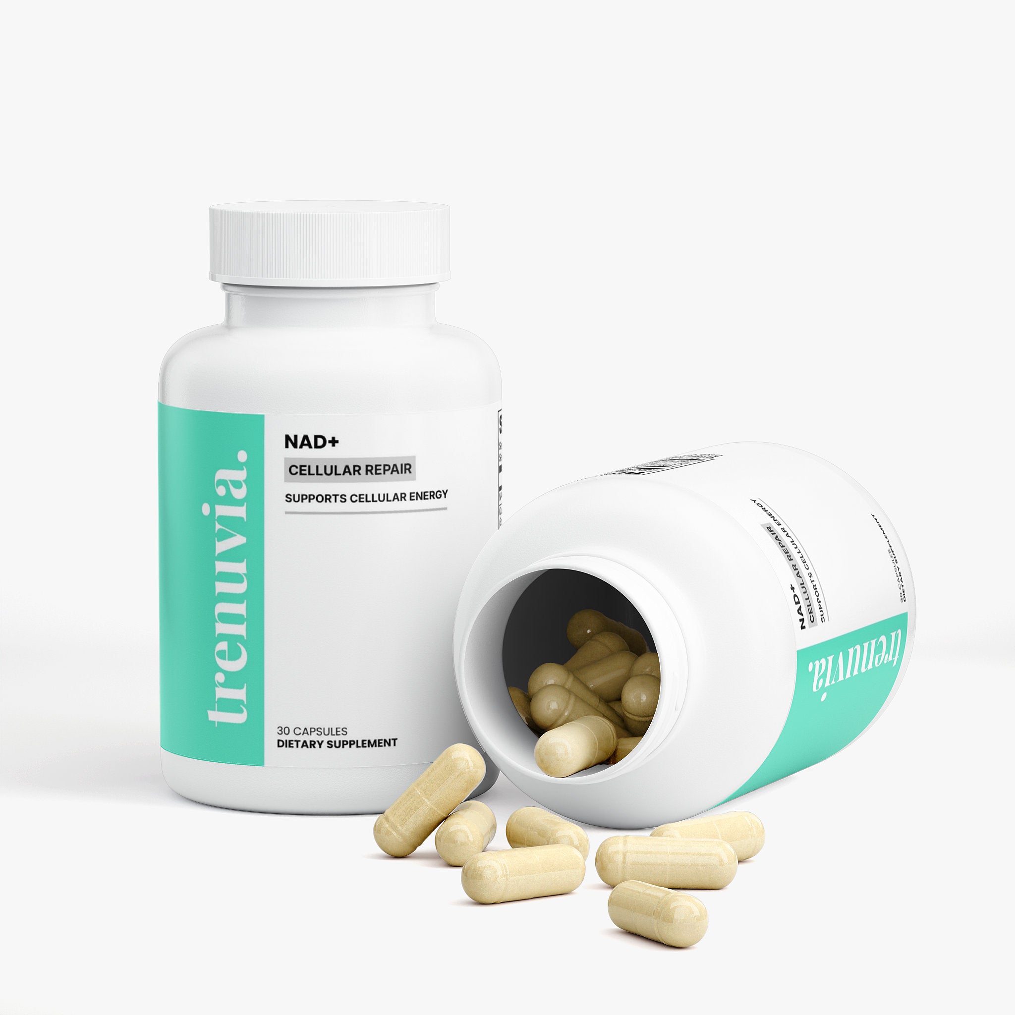 A white bottle of trenuvia dietary supplement with a mint green label, shown alongside an tipped-over bottle revealing beige capsules inside, on a clean white background.
