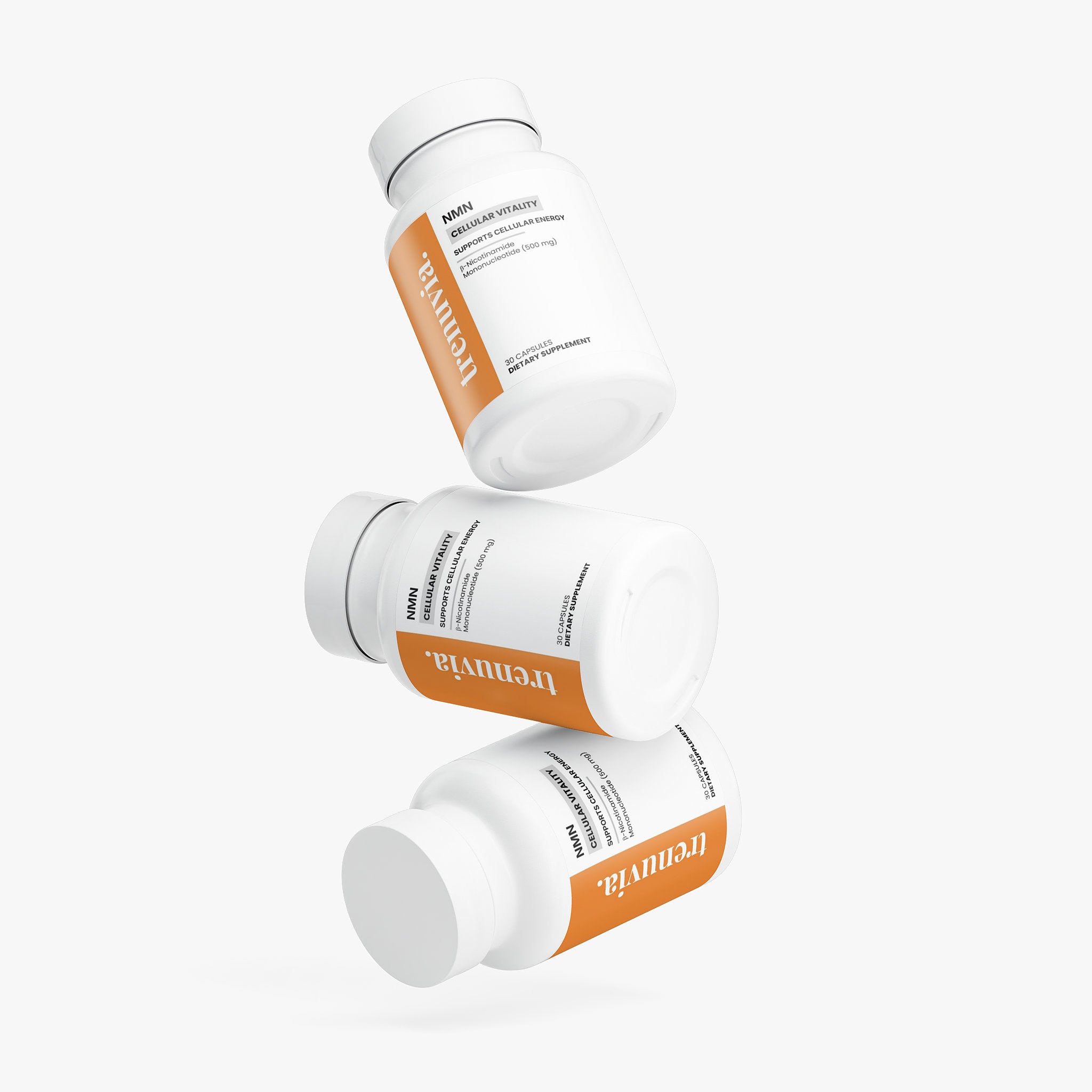 Three white supplement bottles with orange labels floating vertically against a clean white background.