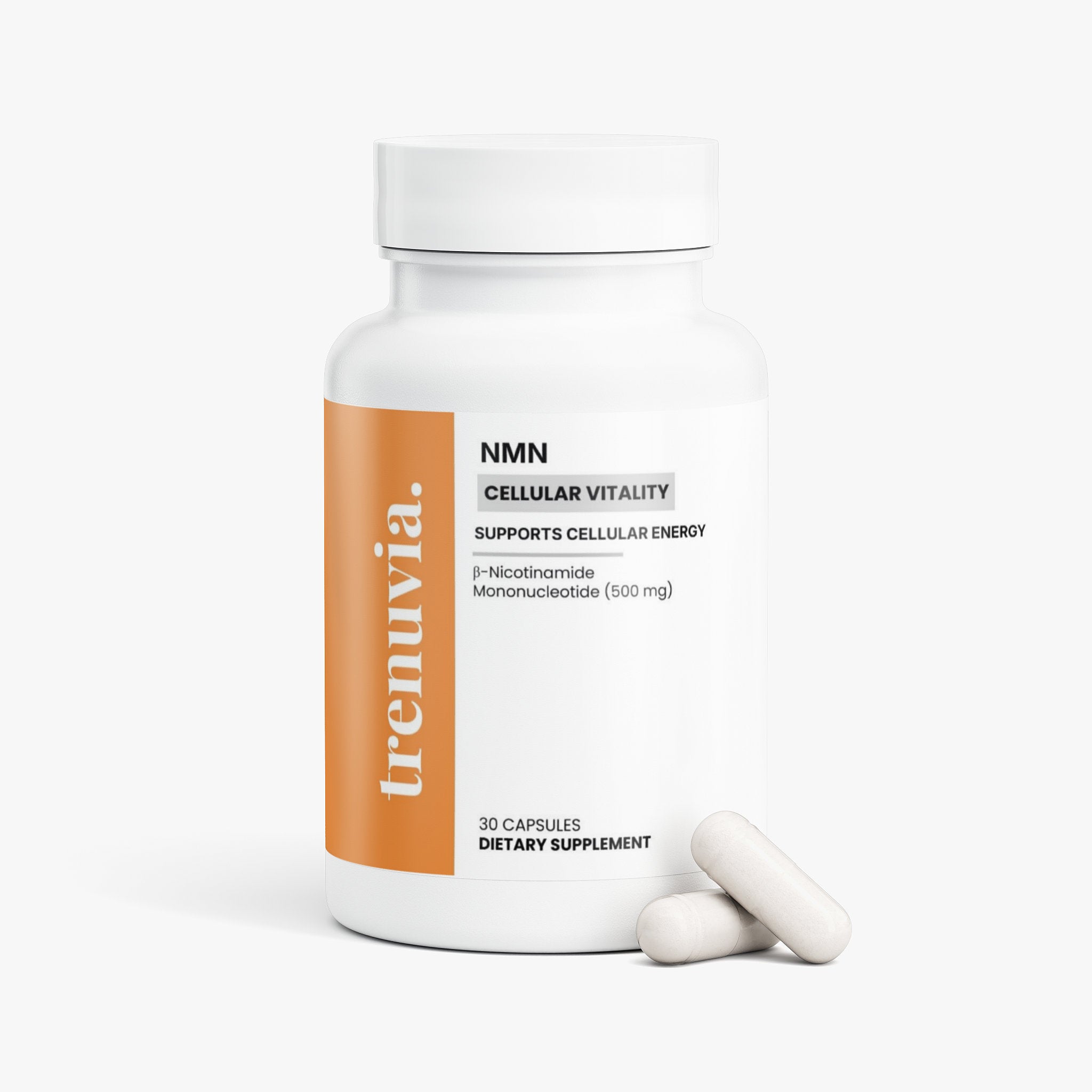 A white bottle of trenuvia NMN Cellular Vitality dietary supplement with an orange vertical label, shown on a light gray background with two capsules in front.