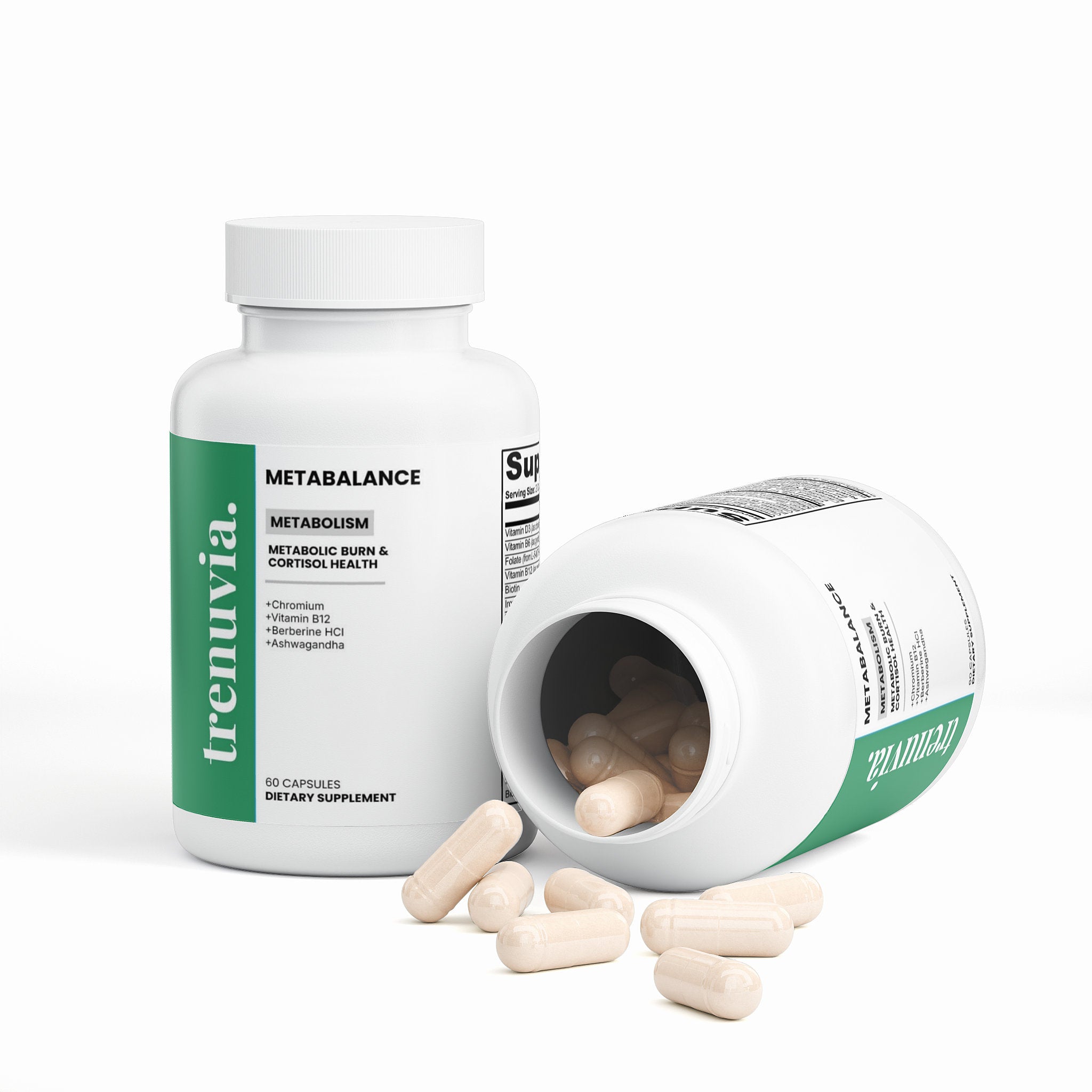 A white bottle of trenuvia Metabalance dietary supplement with a green label, shown alongside an overturned bottle spilling beige capsules on a clean white background.