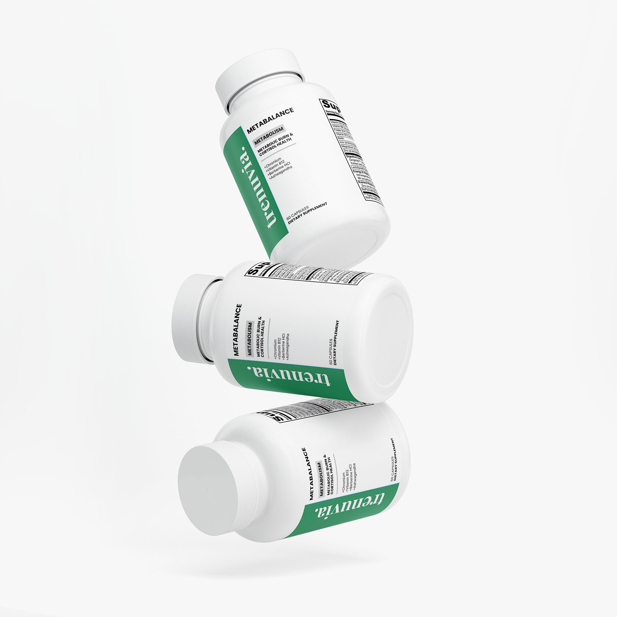 Three white supplement bottles with green and black labels floating vertically against a clean white background.