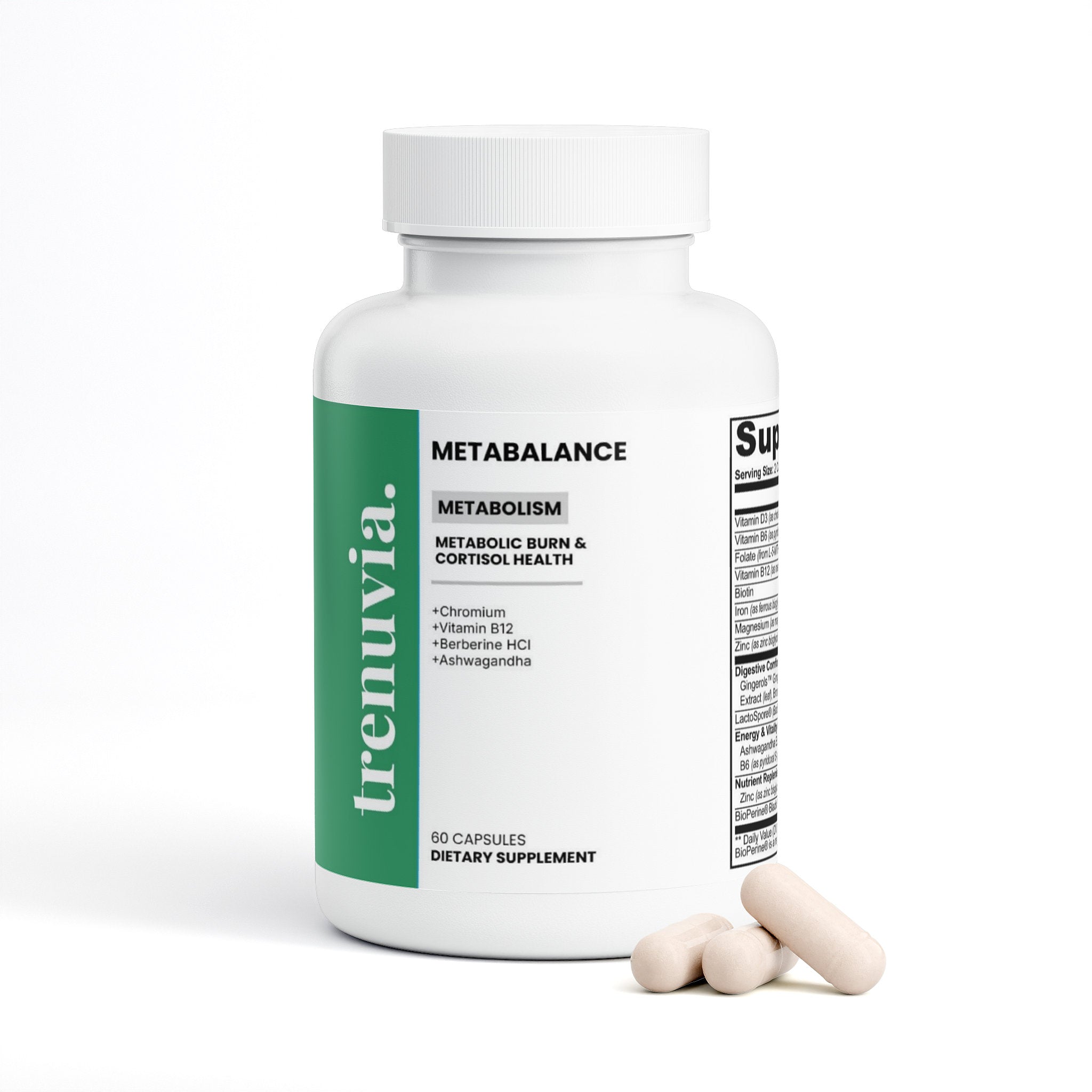 A white bottle of trenvia. dietary supplement capsules with a green vertical label, shown on a clean white background with three capsules in front.