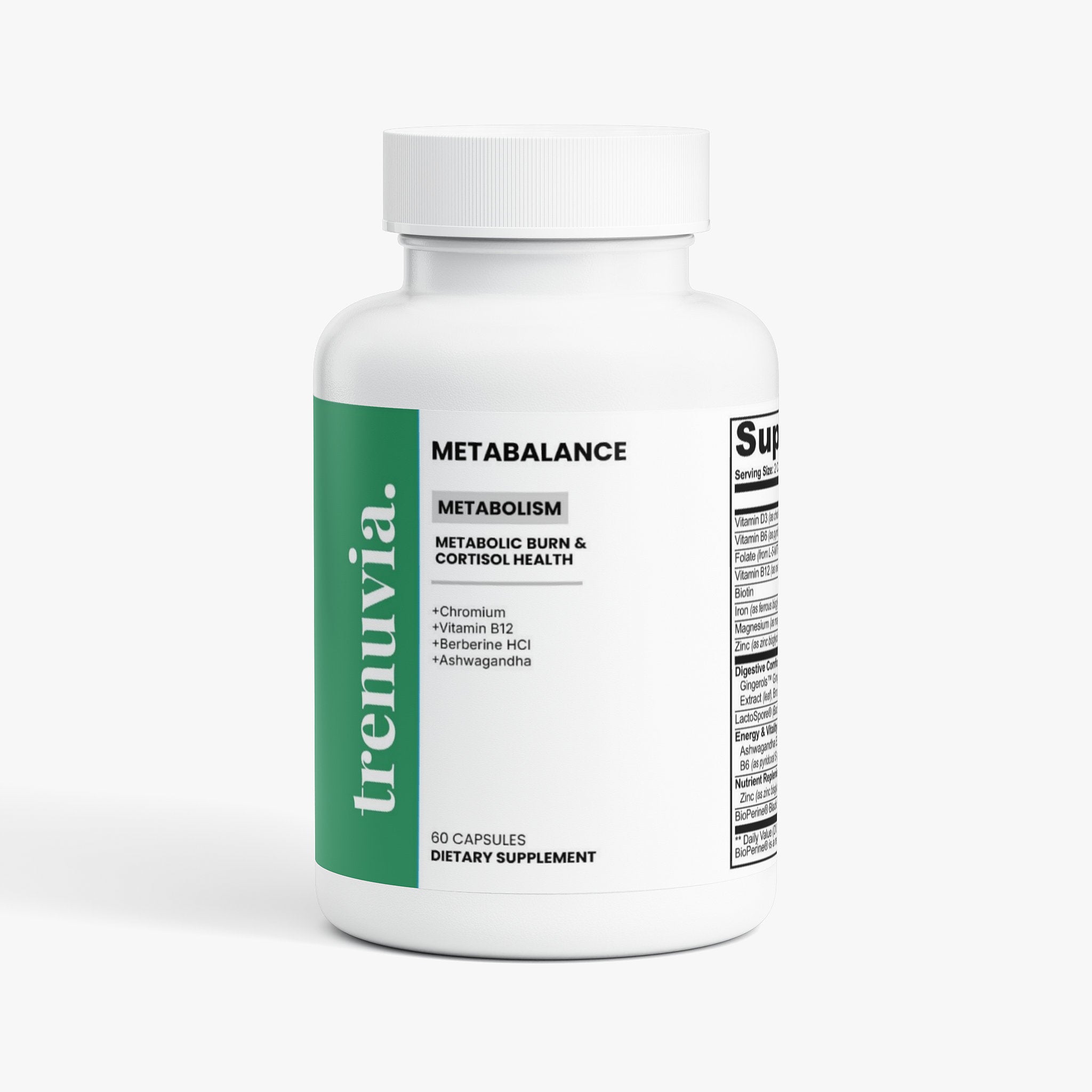 A white plastic bottle of trenvia. dietary supplement with a green and white label, shown on a light gray background.