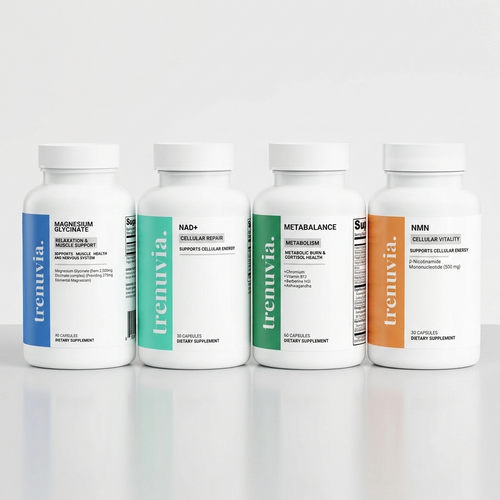 Four white supplement bottles from Trenuvia lined up on a light gray reflective surface. The bottles have white caps and labels with different accent colors: blue, teal, green, and orange.